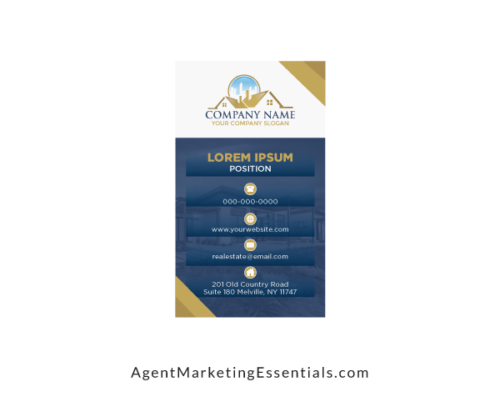 Modern Real Estate Business Card in Portrait, Gold, Blue