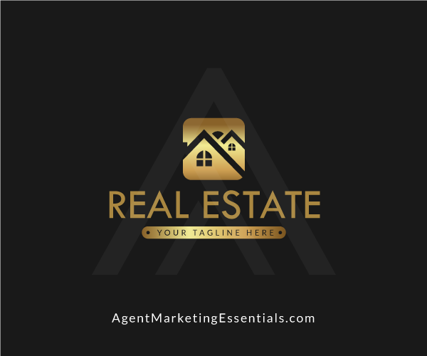 Real Estate Logo with Gold House Icon, black background