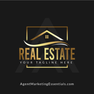 Square shaped luxury real estate logo with house in black, gold, silver