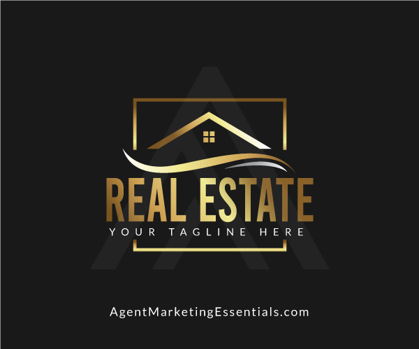 Square shaped luxury real estate logo with house in black, gold, silver