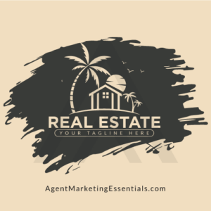 Paint Brush Style Real Estate Logo with House, Palm Trees, sun, black, brown