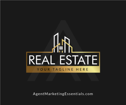 Modern Real Estate Logo with Buildings in gold, white, black, abstract