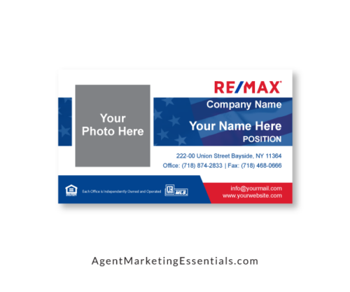 Patriotic REMAX Business Card Template Design with American Flag