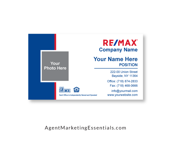 Traditional REMAX Business Card with Logo, Photo, red, white, blue