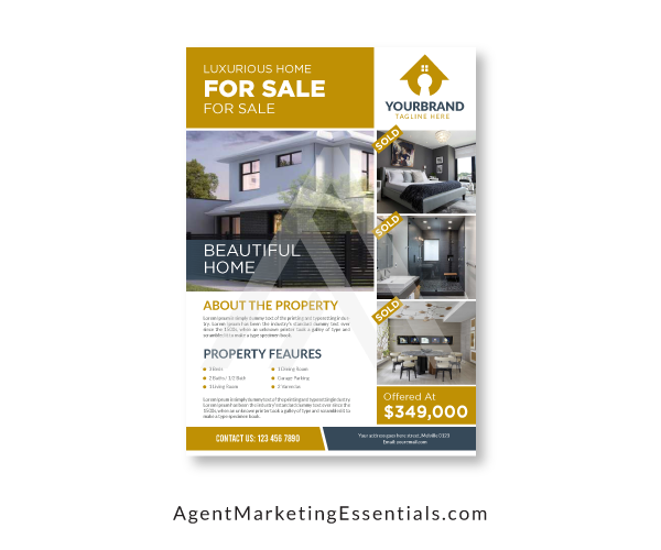 Luxury Real Estate House For Sale Flyer template, gold, white, home photos, design ideas